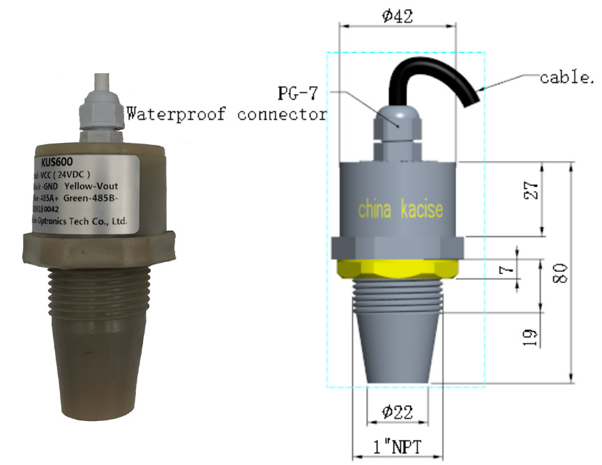 5 メートルインテリジェント超音波水位計 5V RS485 出力 PVDF リキッドレベルセンサー KUS600